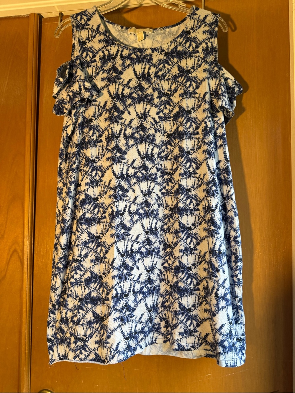 Michael Kors XL Blue White Cold Shoulder Tie Dye Tunic Top
